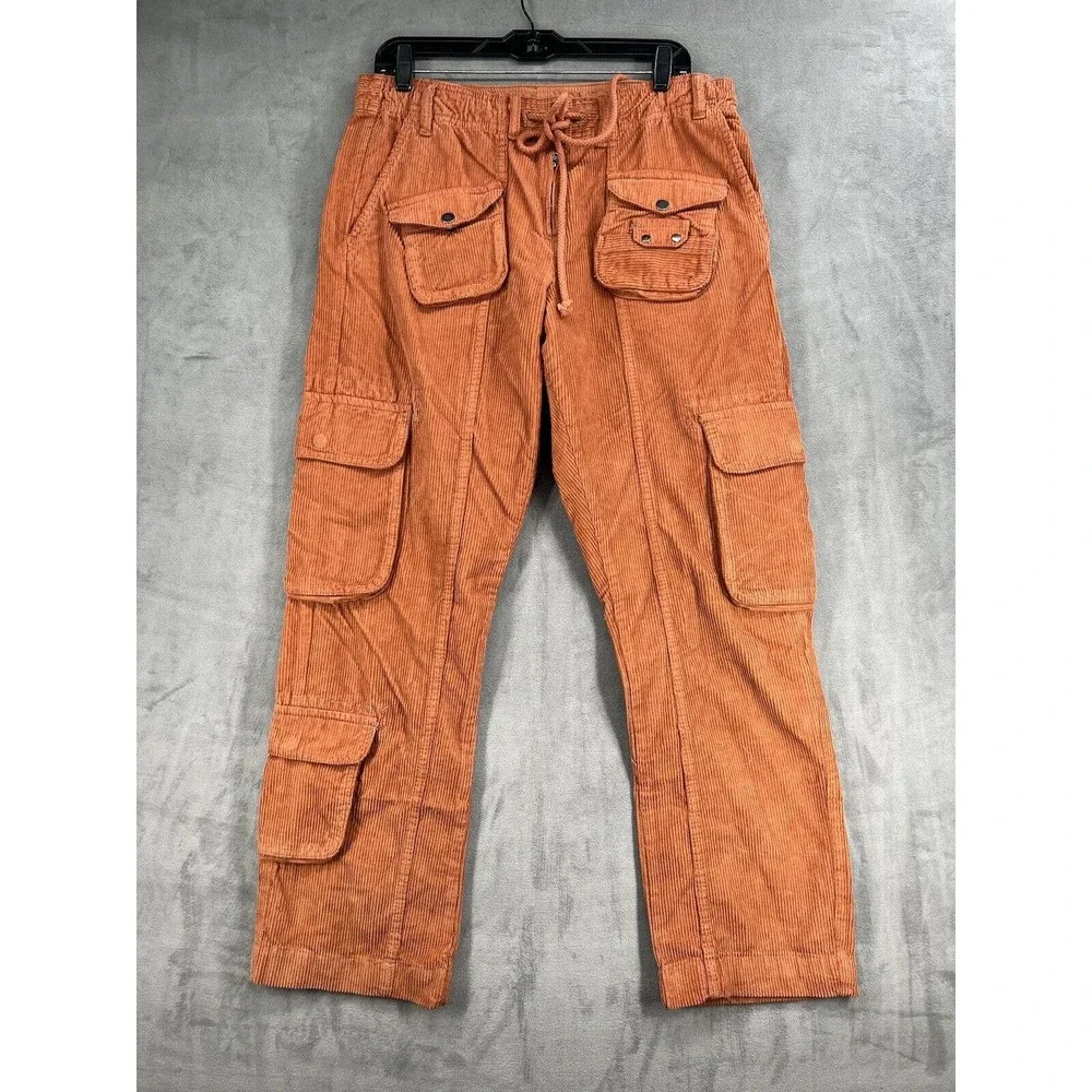 Free People Tahiti Cord Cargo Pants Pull On Drawstring Waist Size Small Orange - Picture 2 of 9